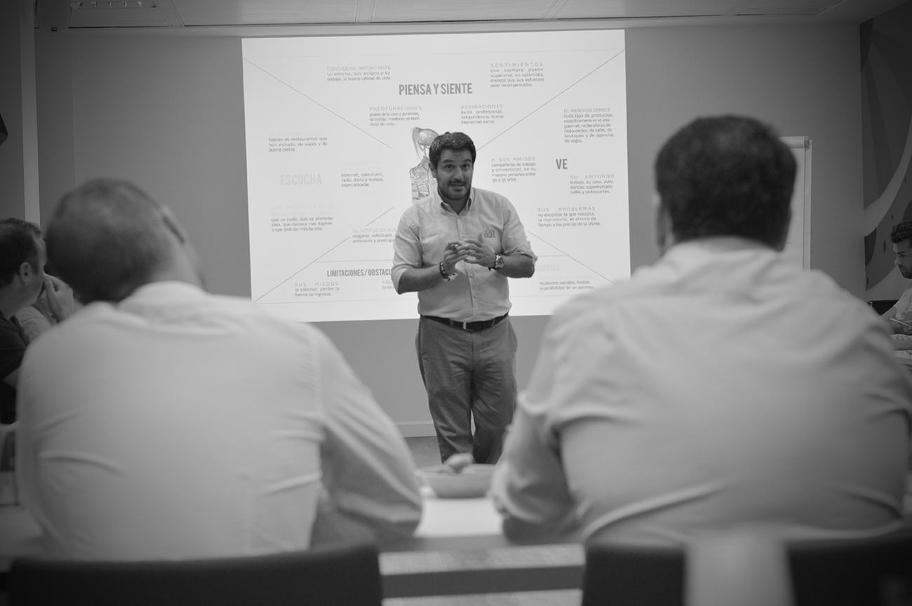 Ángel enseñando un mapa de empatía en un taller